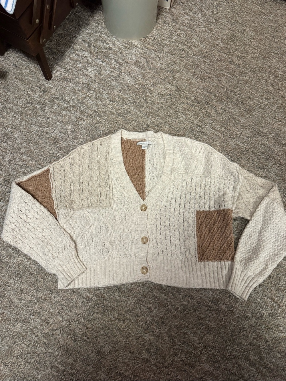 American Eagle Outfitters Cream & Brown Patchwork Cable Knit Cropped Cardigan